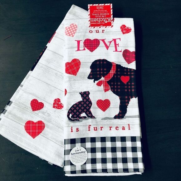 Other - Dog & Cat Love Fur Real Valentine Hearts Kitchen Dish Towels Set